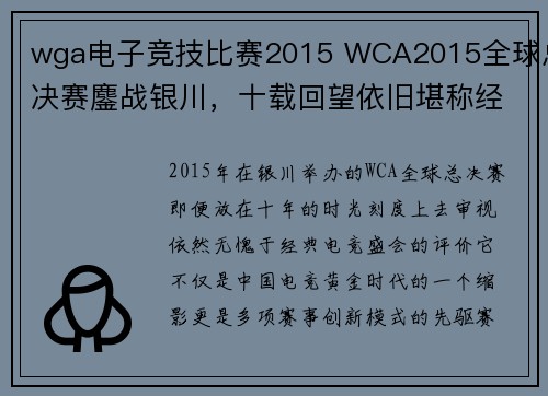 wga电子竞技比赛2015 WCA2015全球总决赛鏖战银川，十载回望依旧堪称经典电竞盛会